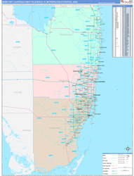 Miami-Fort Lauderdale-West Palm Beach Metro Area Wall Map Color Cast Style 2024